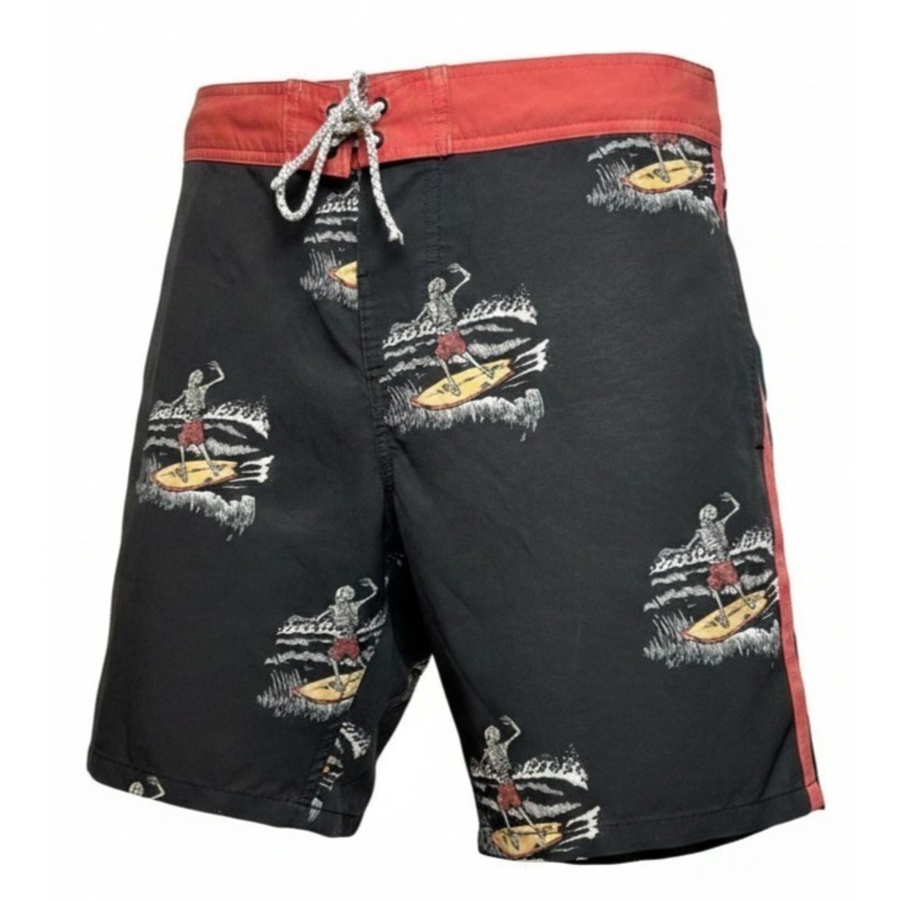 LOST Boardshorts‎ Skeleton Surfer Print Black Red Tie Surf Skate Thrashed AS-IS